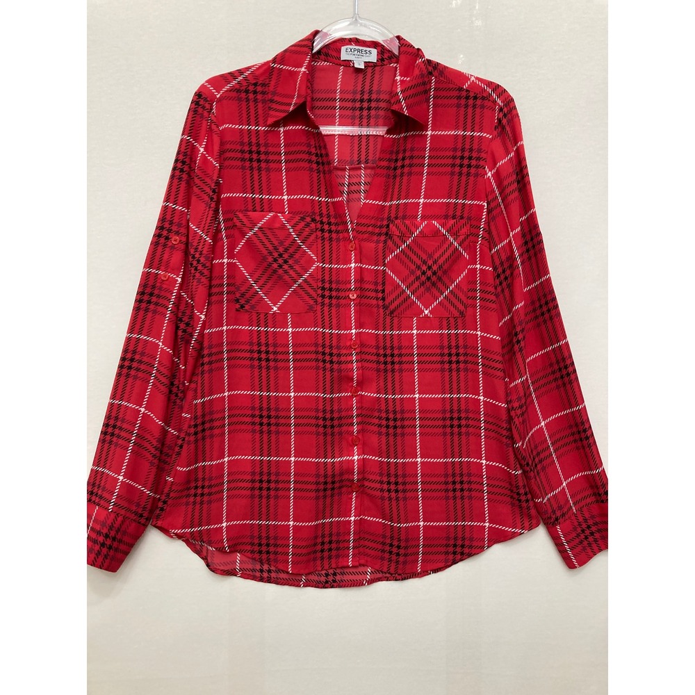 Express Portofino Shirt Medium Red Plaid Slim Fit Long Sleeve Button Up Office
